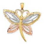 14k Two-tone with White Rhodium Dragonfly with Diamond-cut Wings Pendant