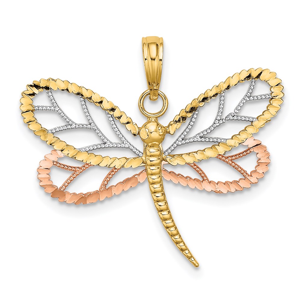 K9439.jpg 14k Two-tone with White Rhodium Dragonfly with Beaded Diamond-cut Wings Charm - Image 1