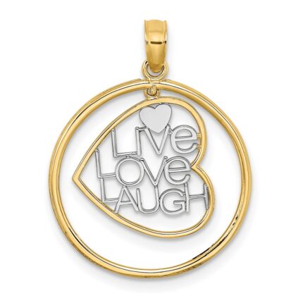 14k and White Rhodium LIVE LOVE LAUGH Heart Dangling In Circle Charm