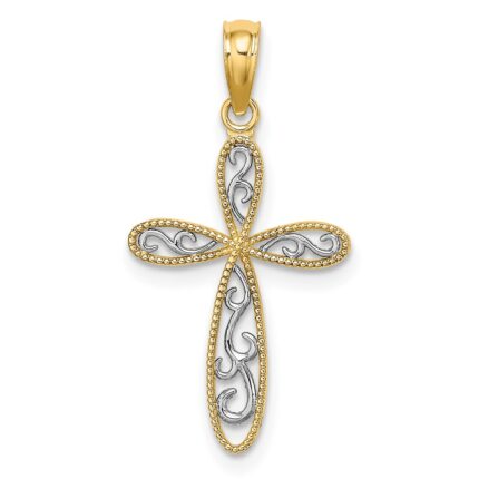 14K and White Rhodium Filigree and Milgrain Edge Cross Charm
