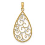 14k and White Rhodium Beaded Filigree Diamond-cut Teardrop Charm