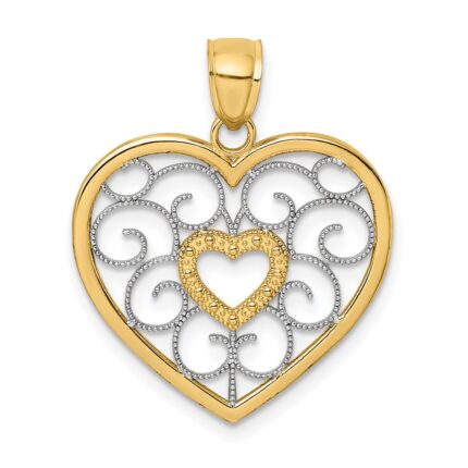 14k and White Rhodium Filigree Heart Charm