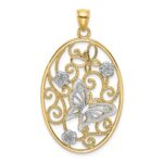 14k Two-Tone with Rhodium Butterfly and Flowers in Oval Frame Charm