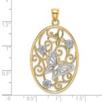 14k Two-Tone with Rhodium Butterfly and Flowers in Oval Frame Charm - Image 3