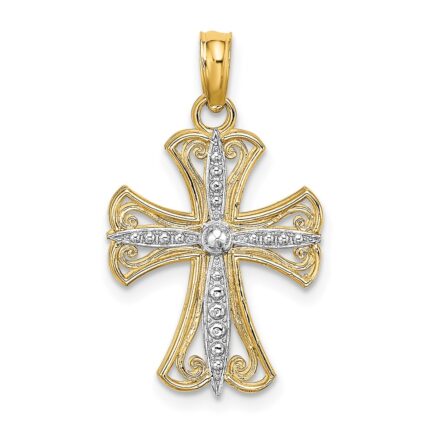 14K and White Rhodium Textured Cross Charm