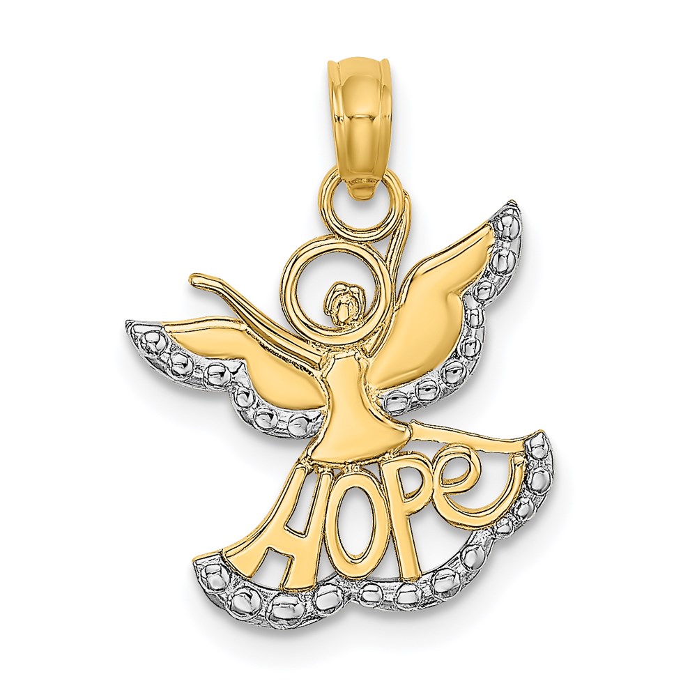 K9547.jpg 14K and White Rhodium Polished and Textured Cut-Out HOPE Angel Charm - Image 1