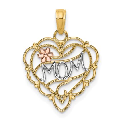 14k Two-Tone with White Rhodium MOM Heart with Flower Charm