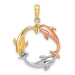 14k Tri-color Triple Dolphin Circle Pendant