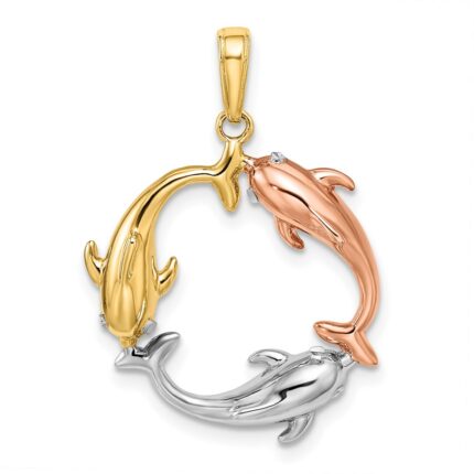 14k Tri-color Triple Dolphin Circle Pendant