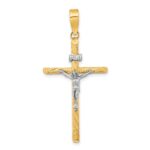 14K and White Rhodium Polished and Textured INRI Crucifix Cross Pendant