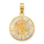 14K with Rose and White Rhodium Polished Baguette CZ Our Lady of Guadalupe Round Pendant