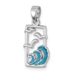 Sterling Silver Rhodium-plated Polished Sea Gull and Enameled Wave Pendant - Image 4