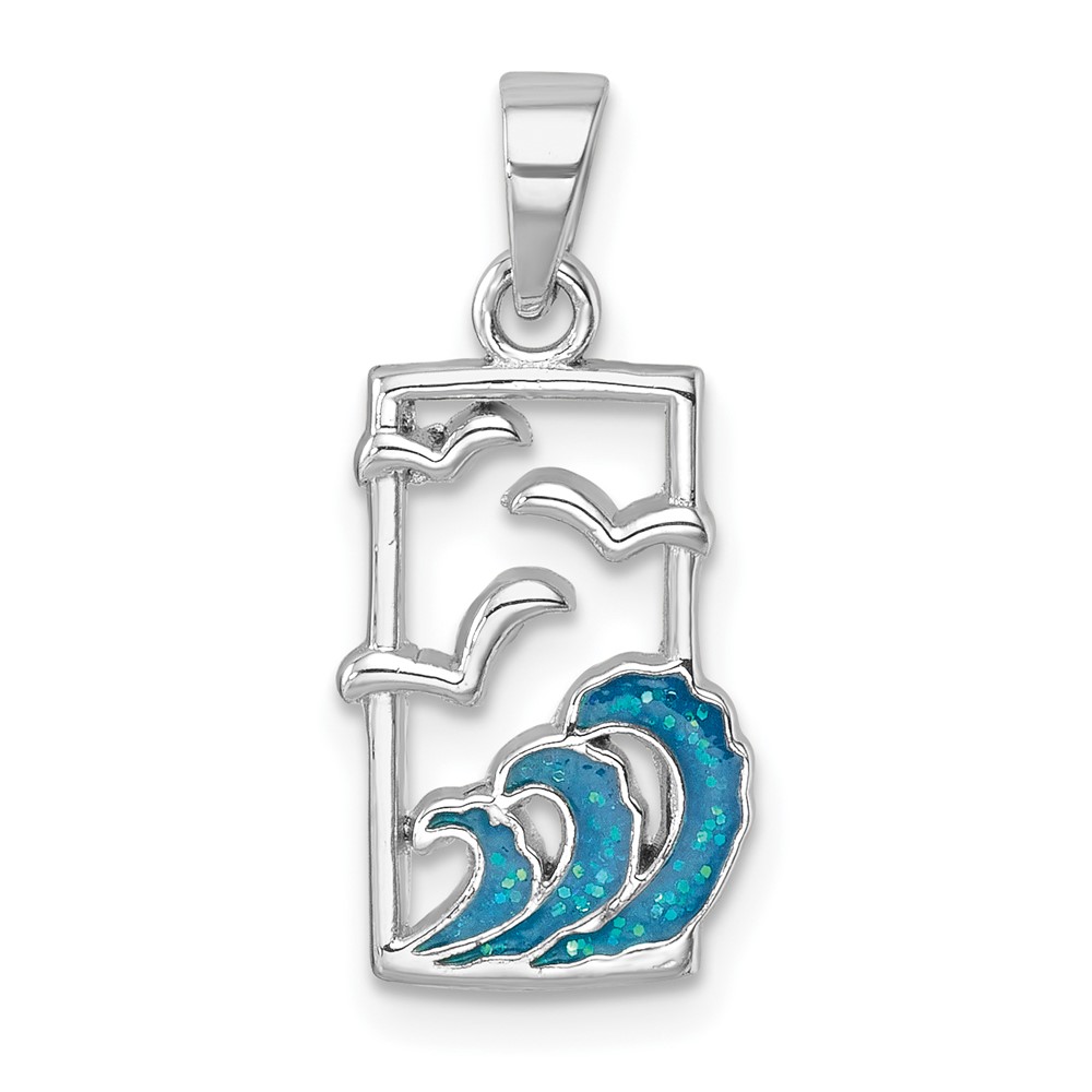 LP-312.jpg Sterling Silver Rhodium-plated Polished Sea Gull and Enameled Wave Pendant - Image 1