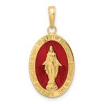 14k Solid Red Enameled Miraculous Medal Oval Pendant