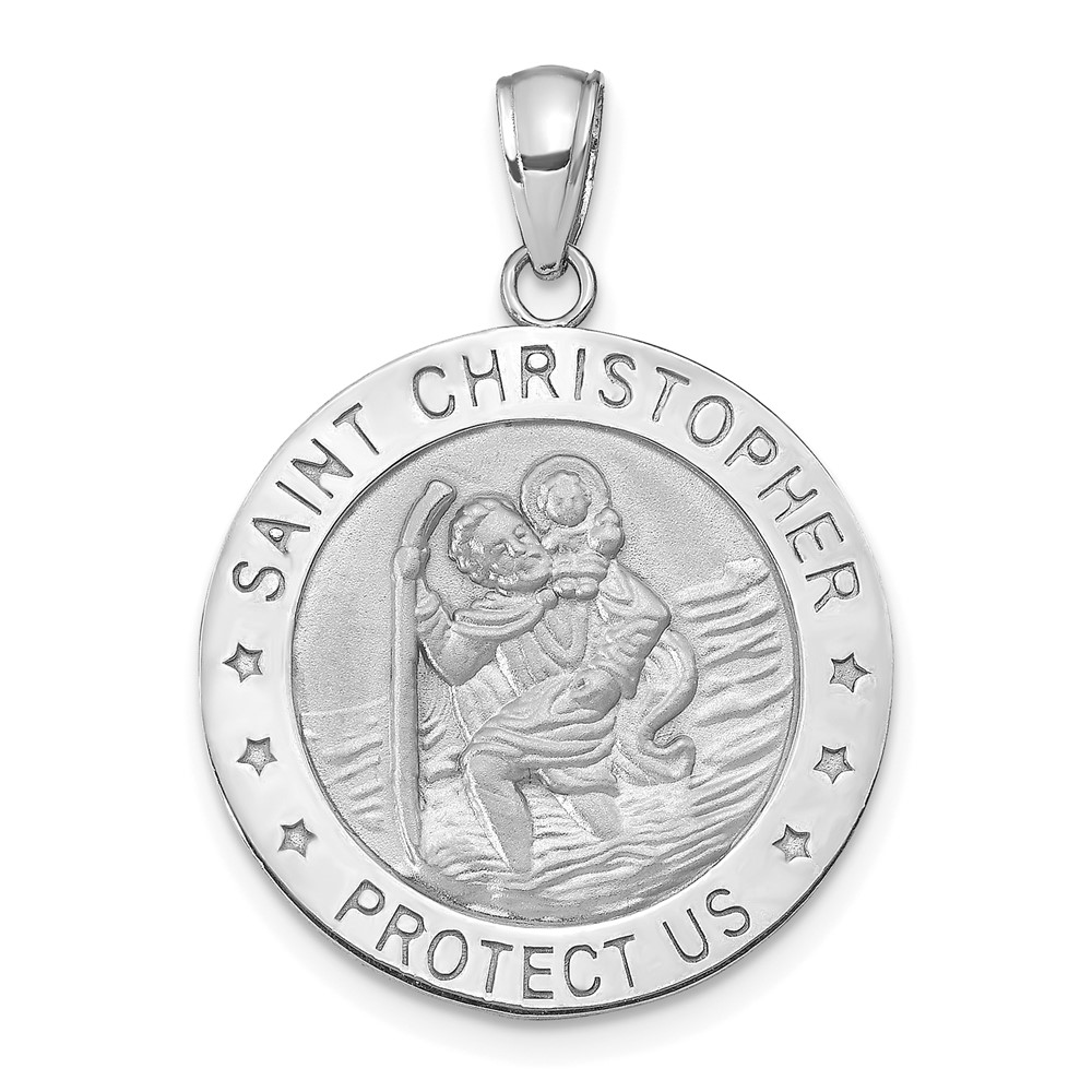 M1484W.jpg 14K White Gold Polished and Satin Solid Saint Christopher Medal Round Pendant - Image 1
