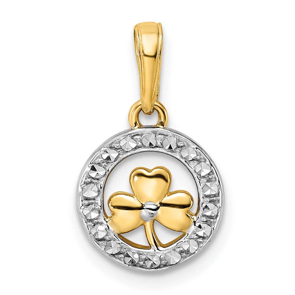 M2914.jpg 14k and White Rhodium Diamond-cut Clover in Circle Pendant - Image 1
