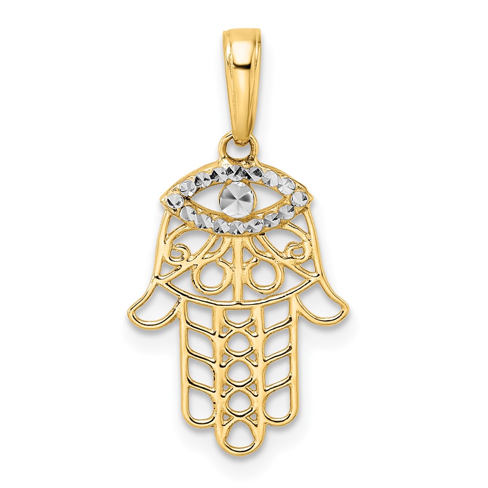 M2943.jpg 14k and White Rhodium Diamond-cut Evil Eye Filigree Hamsa Pendant - Image 1