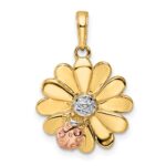 14k with White and Rose Rhodium Diamond-cut Ladybug on Flower Pendant