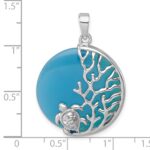 Sterling Silver Rhodium-Plated Polished Blue Agate Turtle and Reef Round Pendant - Image 5