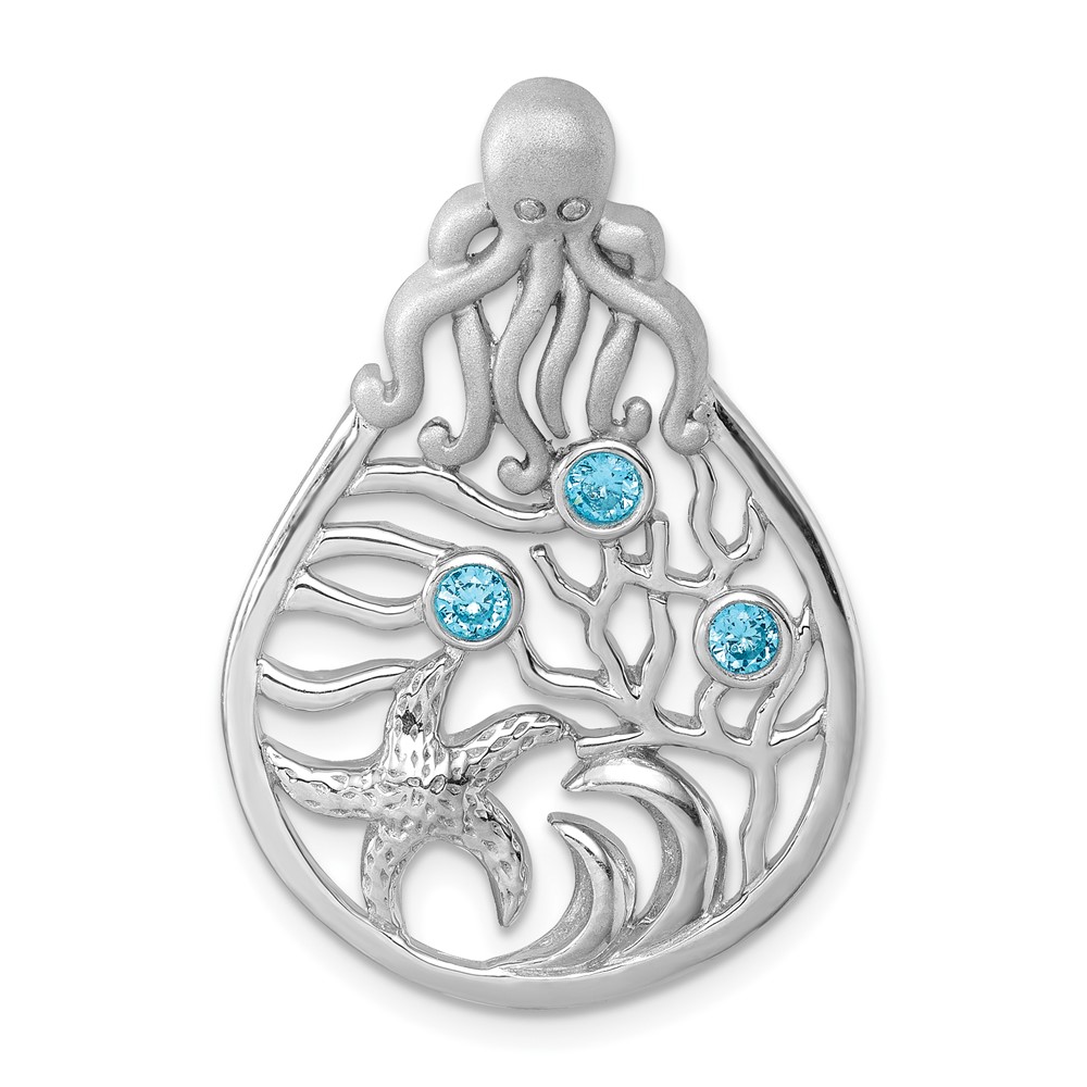PLP-428.jpg Sterling Silver Rhodium-plated Polished Octopus and Starfish Sea Life Scene Pendant - Image 1