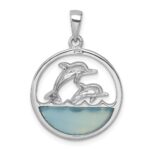 Sterling Silver Rhodium-plated Polished Round Blue Agate Double Dolphin Pendant - Image 3