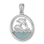 Sterling Silver Rhodium-plated Polished Round Blue Agate Double Dolphin Pendant - Image 4