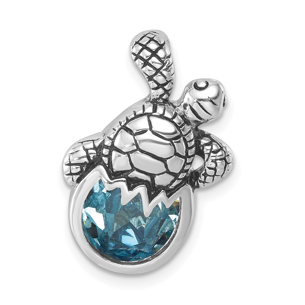 PLP-527.jpg Sterling Silver Rhodium-Plated Antiqued Crystal Hatching Turtle Pendant - Image 1