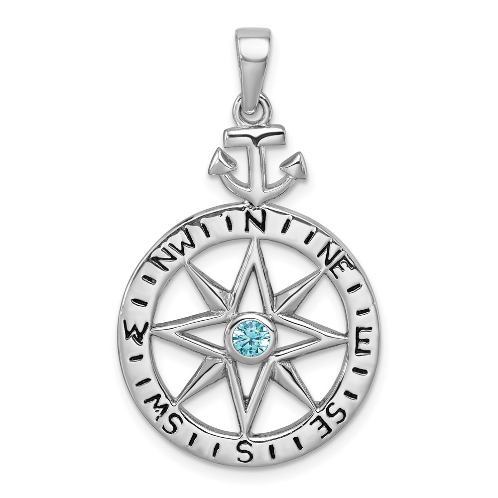 PLP-671.jpg Sterling Silver Rhodium-plated Blue CZ Compass Rose with Small Anchor Pendant - Image 1