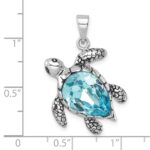 Sterling Silver Rhodium-plated Antiqued Blue Crystal Turtle Pendant - Image 5