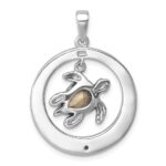 Sterling Silver Rhodium-plated Antiqued Round Moveable Crystal Turtle Pendant - Image 3