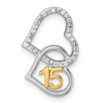 14K Two-tone Polished 1/15 carat Diamond Quinceanera 15 Double Heart Chain Slide