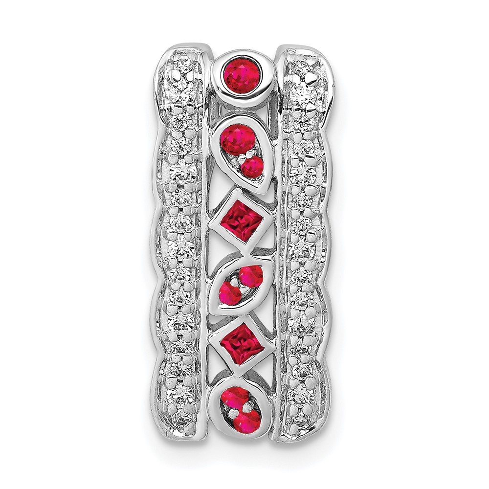 PM3852-RU-020-WA.jpg 14k White Gold Diamond and .17 Ruby Fancy Vintage Chain Slide - Image 1