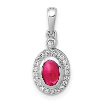 14k White Gold Diamond and Cabochon Ruby Halo Pendant