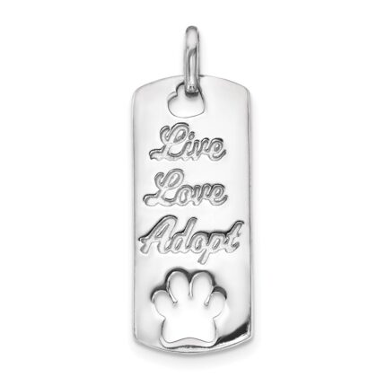 14k White Gold Polished Live Love Adopt with Cut-out Paw Dog Tag Pendant