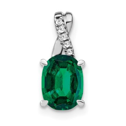 14k White Gold 7x5mm Oval Lab Created Emerald and Diamond Pendant