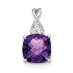 14k White Gold 7mm Cushion Checkerboard February/Amethyst and Diamond Pendant