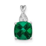 14k White Gold 7mm Cushion Checkerboard May/Lab Created Emerald and Diamond Pendant