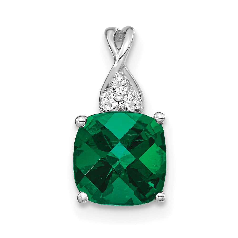 PM4393-CEM-003-WA.jpg 14k White Gold 7mm Cushion Checkerboard May/Lab Created Emerald and Diamond Pendant - Image 1