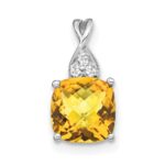 14k White Gold 7mm Cushion Checkerboard November/Citrine and Diamond Pendant