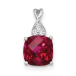 14k White Gold 7mm Cushion Checkerboard July/Lab Created Ruby and Diamond Pendant