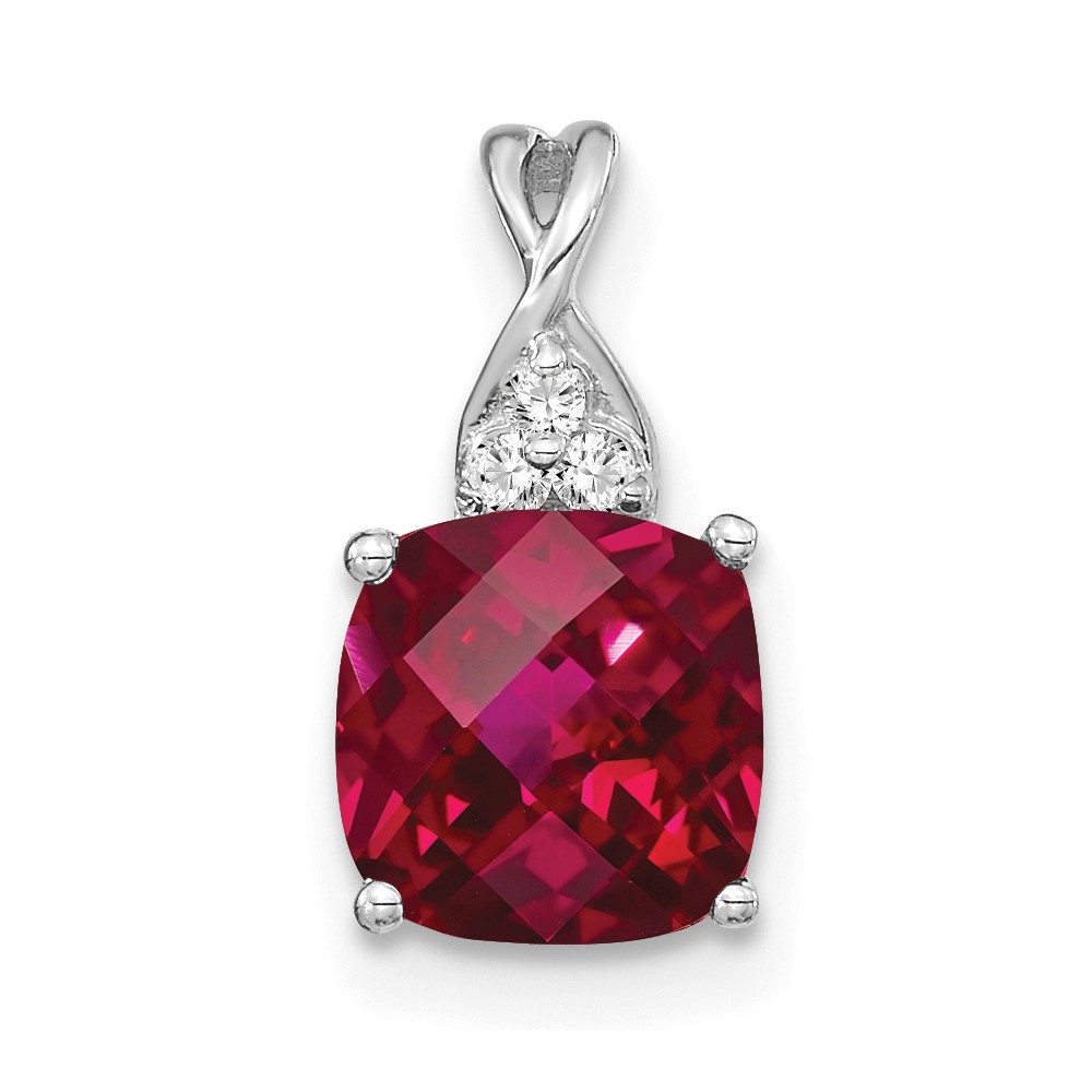 PM4393-CRU-003-WA.jpg 14k White Gold 7mm Cushion Checkerboard July/Lab Created Ruby and Diamond Pendant - Image 1