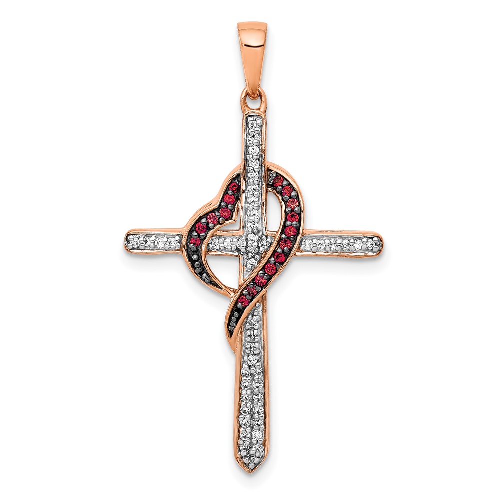 PM5116-025-RA.jpg 14k Rose Gold Red and White 1/4 carat Diamond Cross with Heart Pendant - Image 1