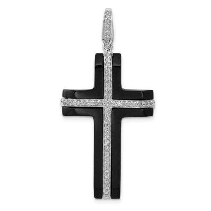14k White Gold 1/4 carat Diamond and Onyx Cross Pendant