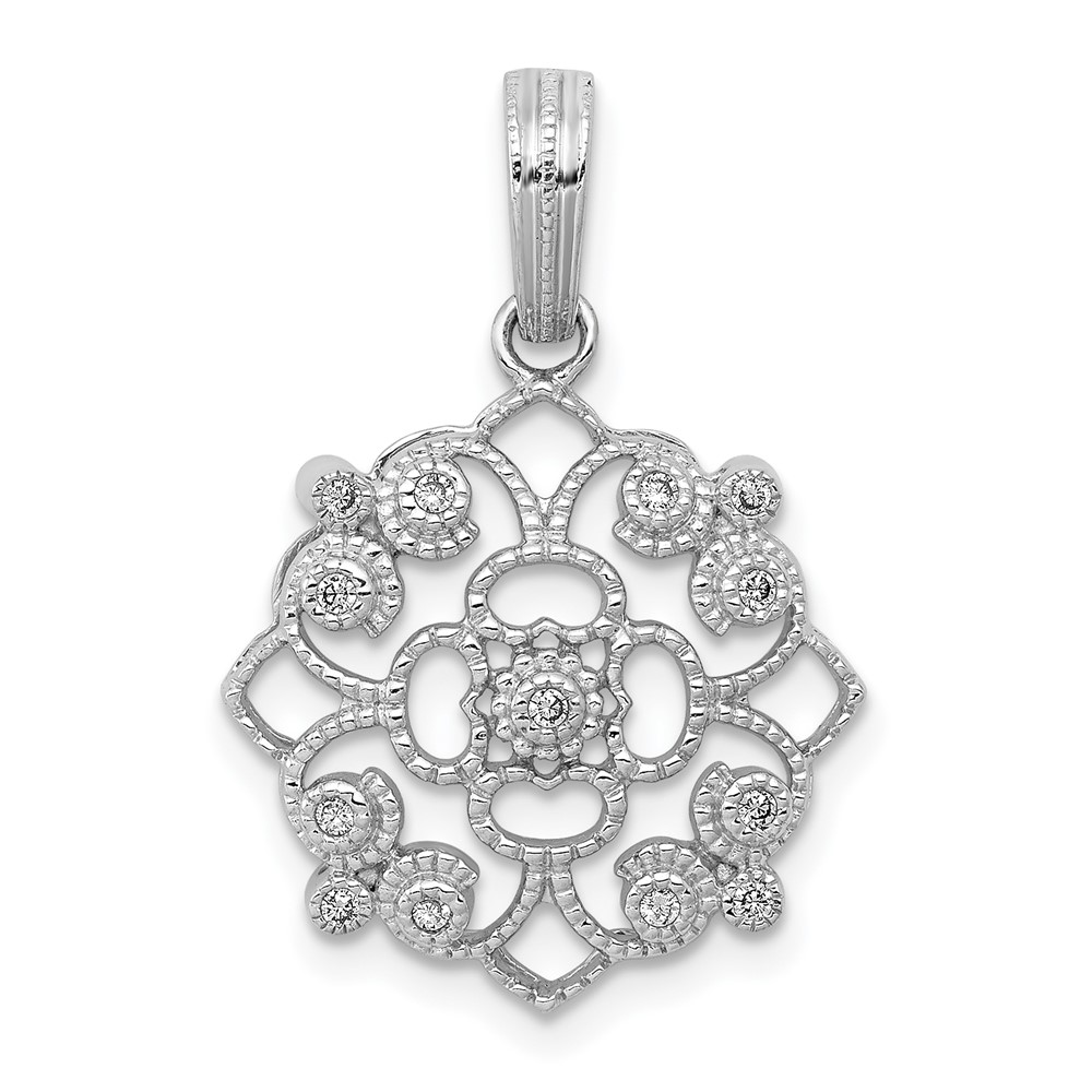 PM5169-008-WA.jpg 14k White Gold 1/15 carat Diamond Vintage Filigree Pendant - Image 1