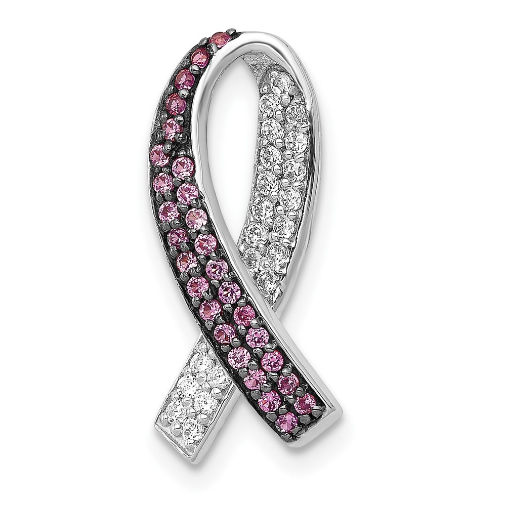 PM5187-PS-013-WA.jpg 14k White Gold with Black Rhodium Diamond and Lab Created Pink Sapphire Awareness Ribbon Chain Slide - Image 1