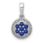14k White Gold Diamond and Sapphire Cluster Halo Pendant