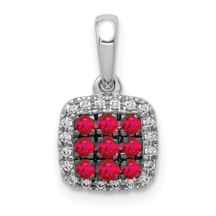 14k White Gold with Black Rhodium Diamond and .23 Ruby Cluster Square Halo Pendant