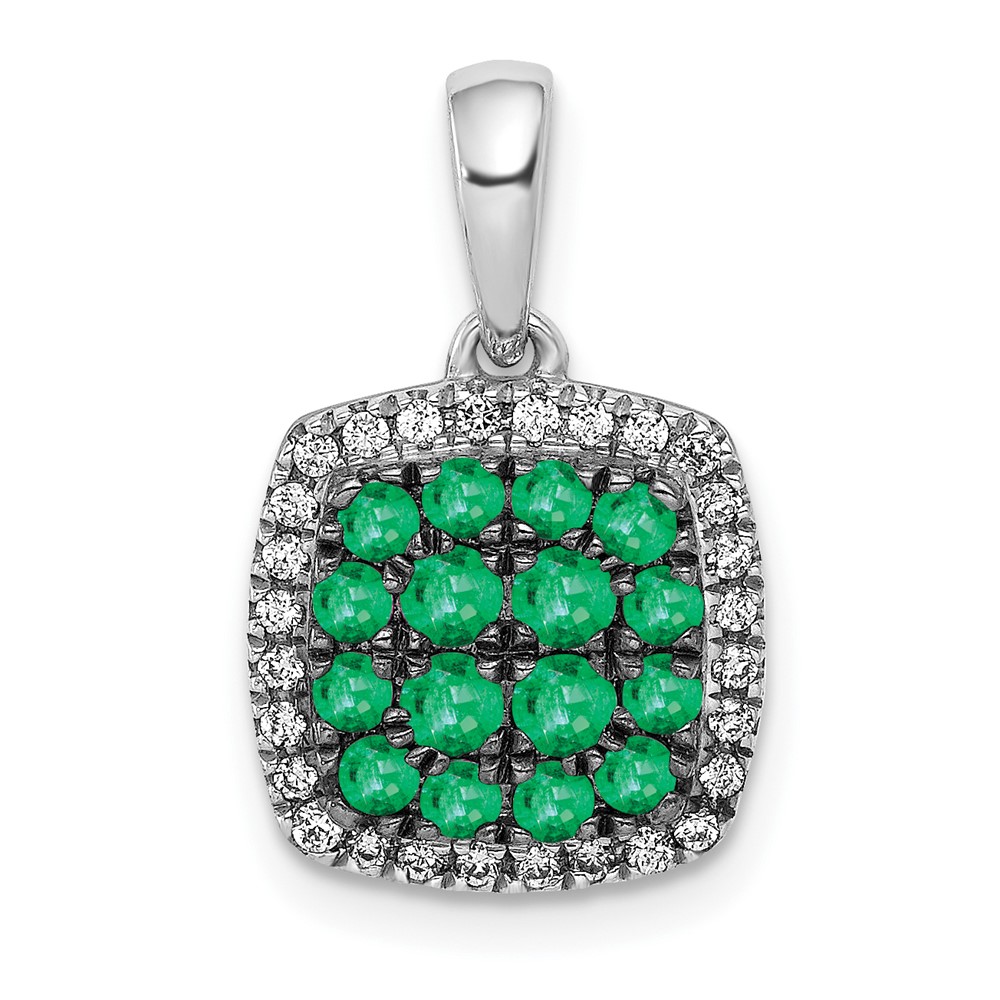 PM5259-EM-013-WA.jpg 14k White Gold with Black Rhodium Diamond and .50 Emerald Cluster Square Halo Pendant - Image 1