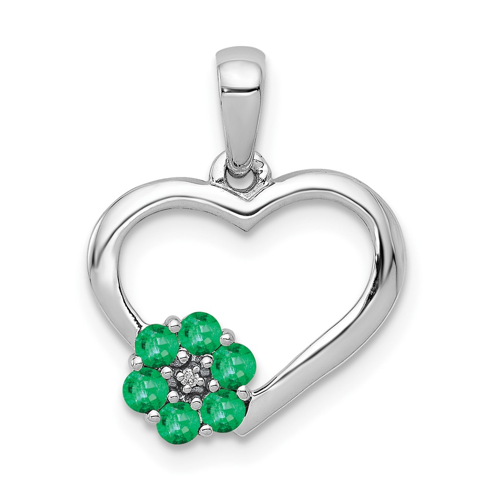 PM5271-EM-003-WA.jpg 14k White Gold Diamond and Emerald Flower and Heart Pendant - Image 1