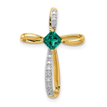 14k and White Rhodium 4mm Square Lab Created Emerald and Diamond Cross Omega Slide
